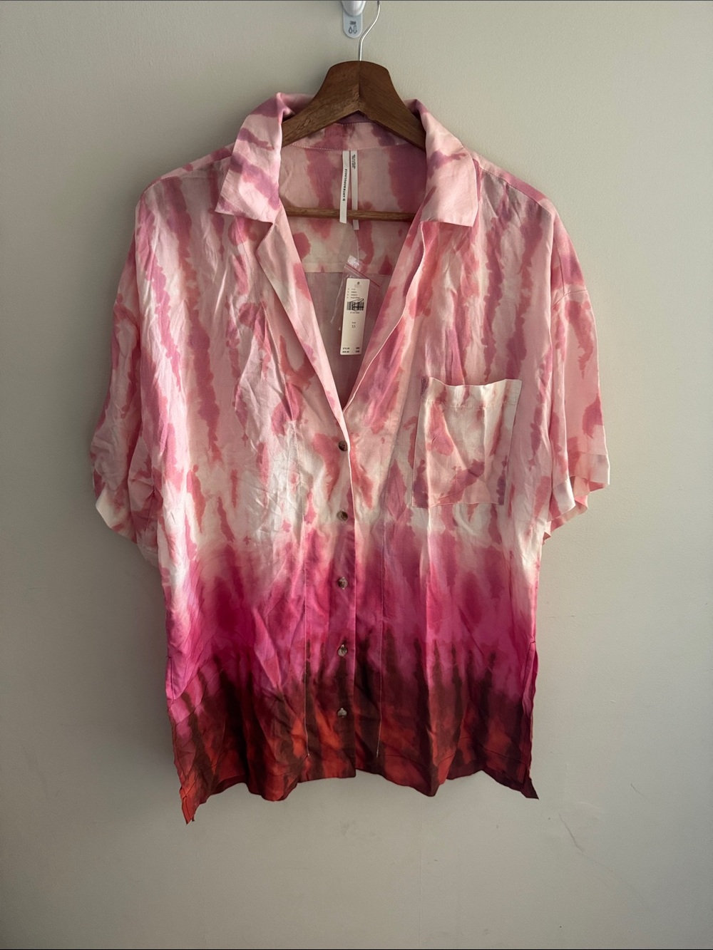 by Anthropologie Pink Ombre tie-dye Button Tunic- 3/4 length sleeves